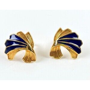 Vintage Avon Clip Earrings Gold Tone & Blue Enameled Elegant